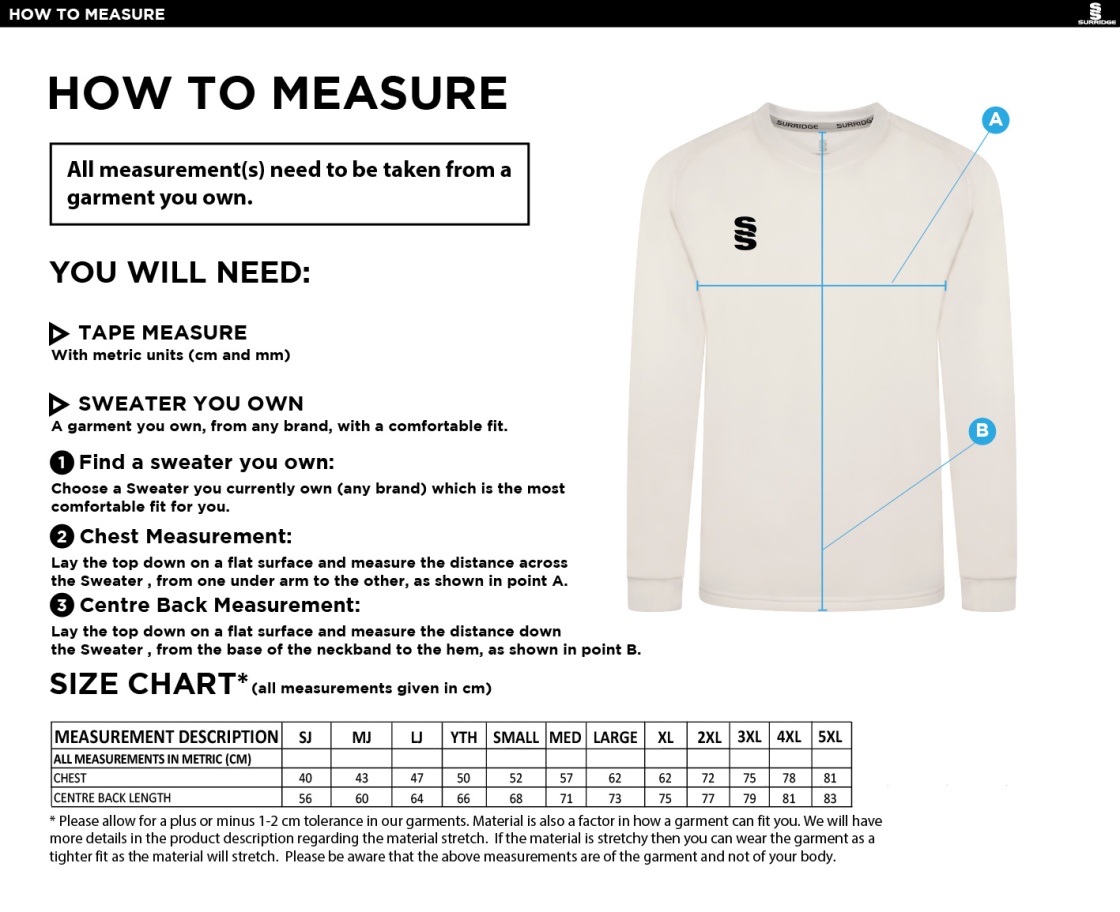 Central Essex CC - White Long Sleeved Sweater - Size Guide