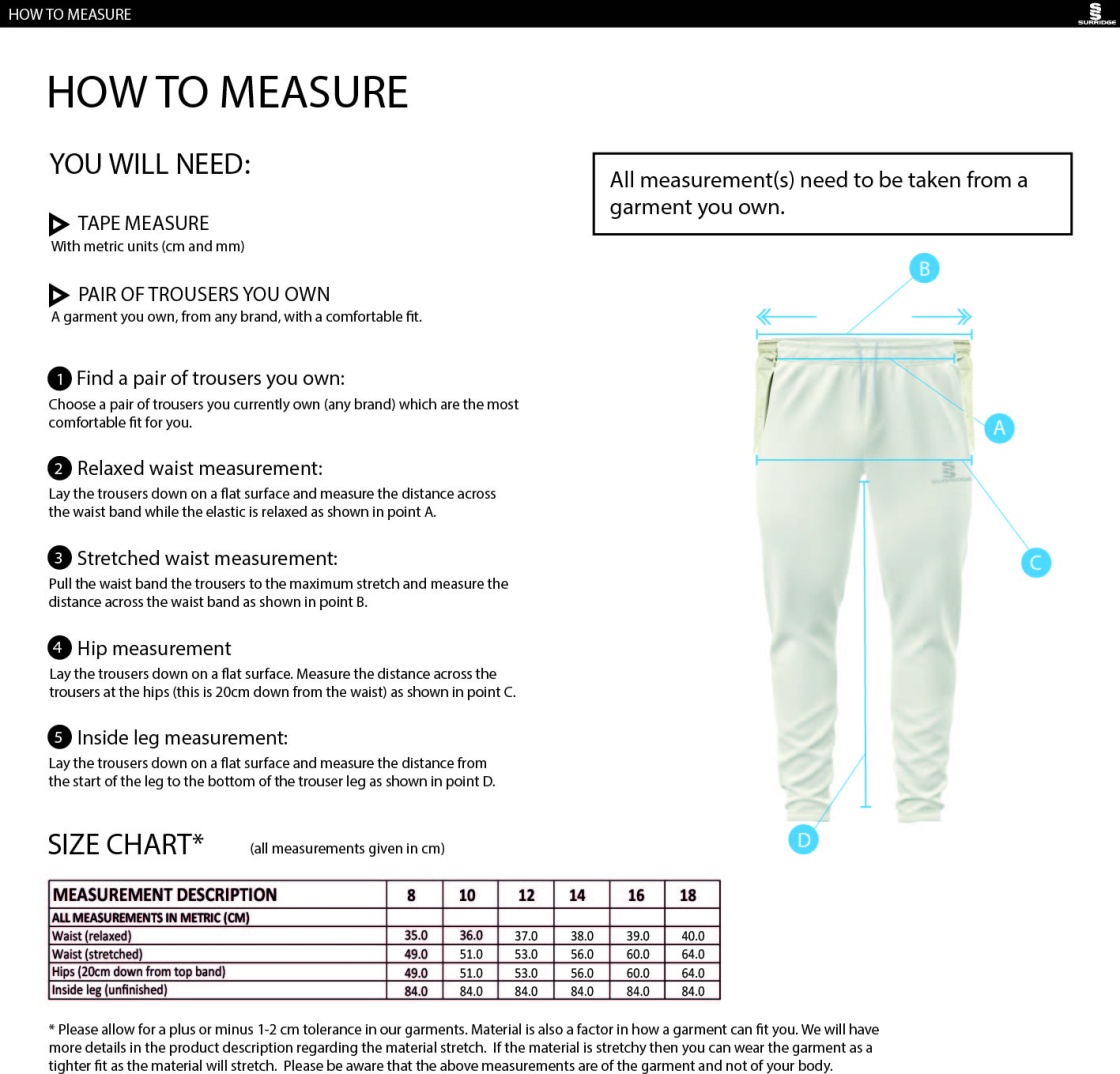 Central Essex - Ergo White Playing Pant - Ladies Fit - Size Guide