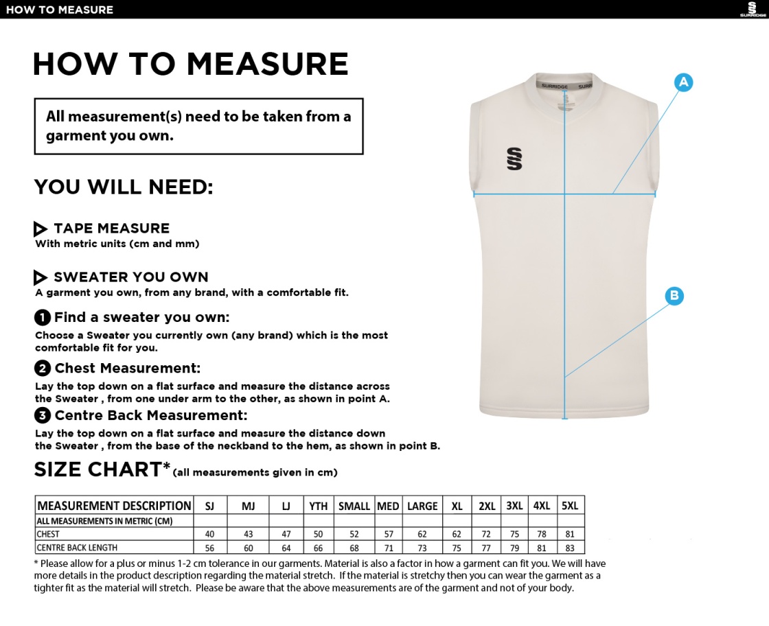 Central Essex CC - White Sleeveless Sweater - Size Guide