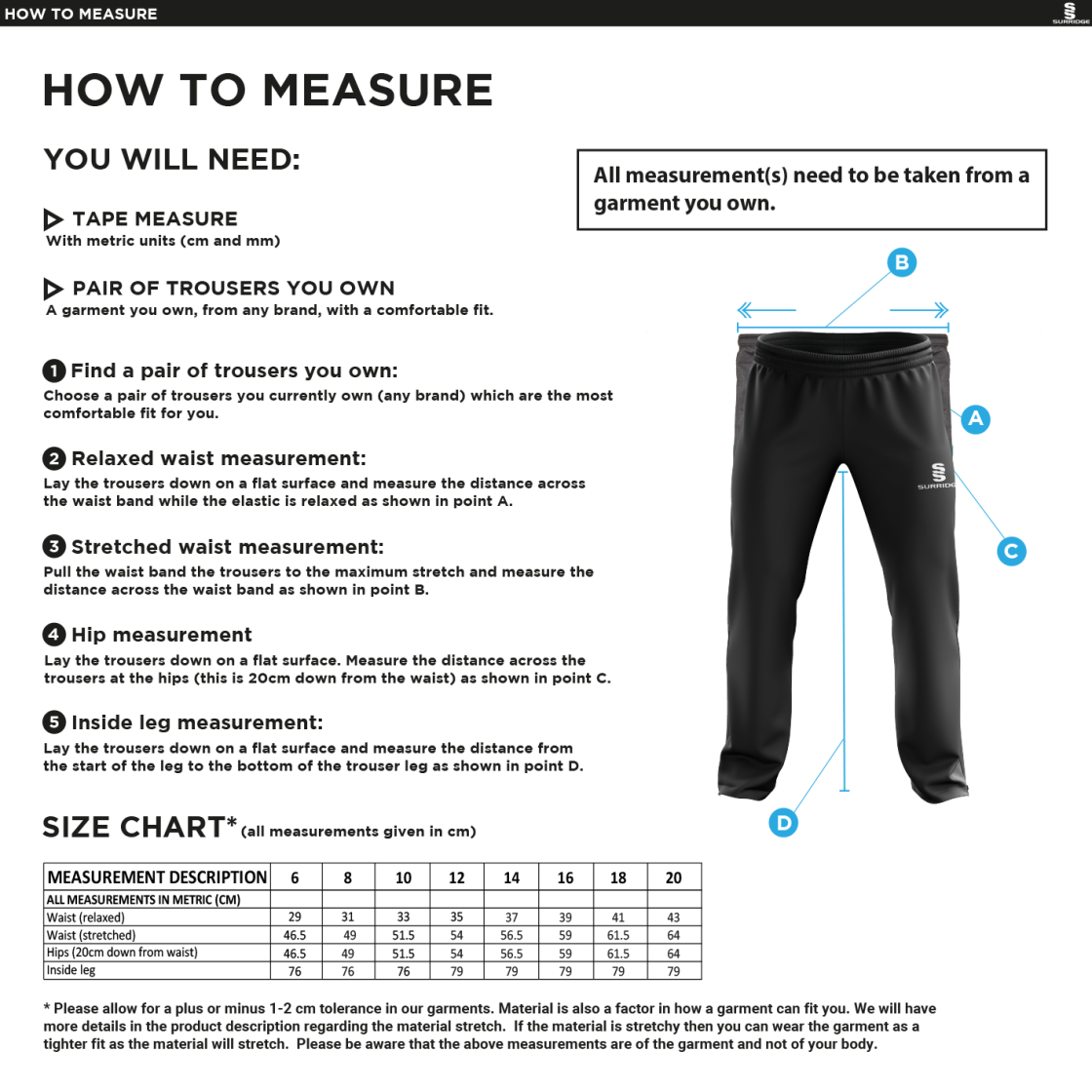 Central Essex - Dual Poplin Track Pant - Women's Fit - Size Guide