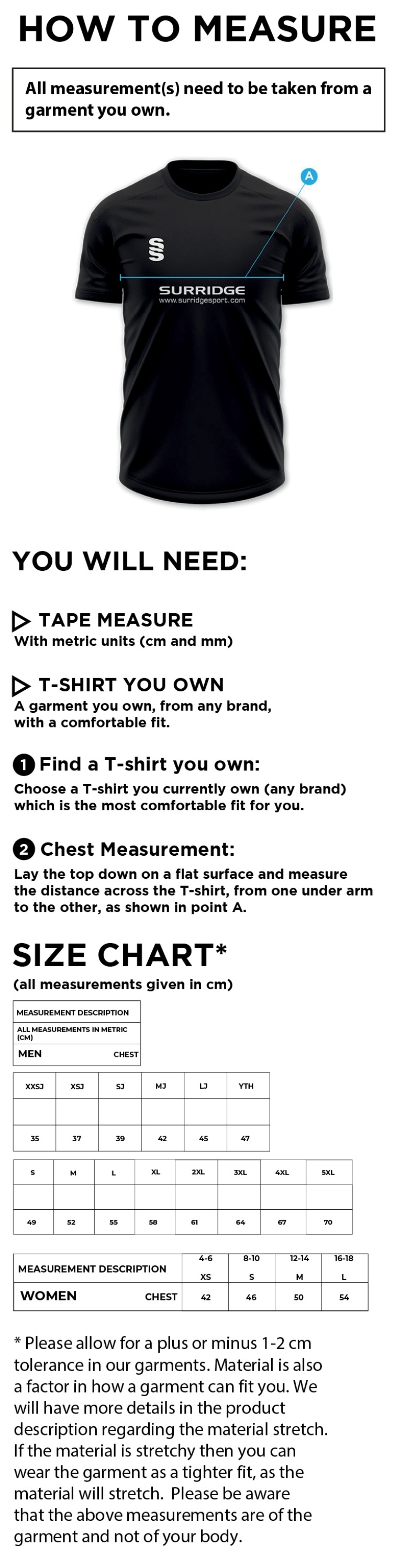 Central Essex CC - White Short Sleeved Shirt - Size Guide