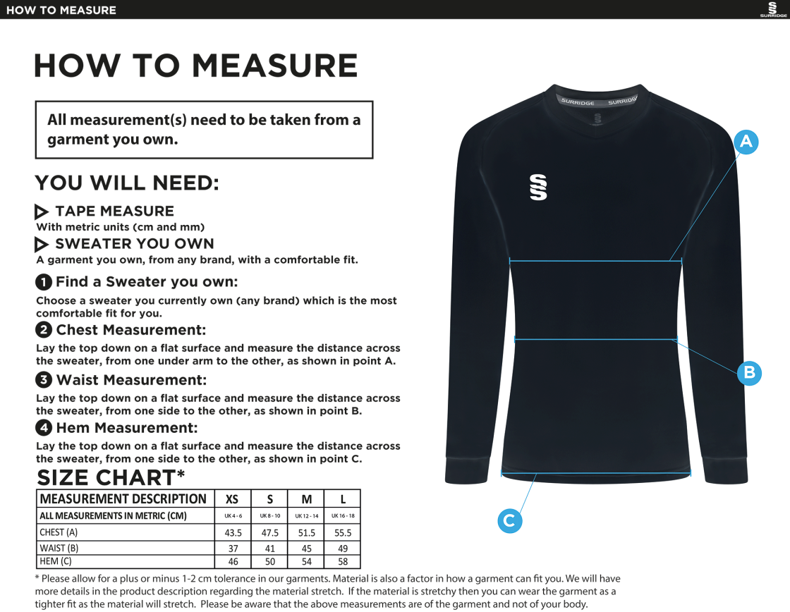 Central Essex CC - T20 Royal Coloured Long Sleeved Sweater - Ladies Fit - Size Guide