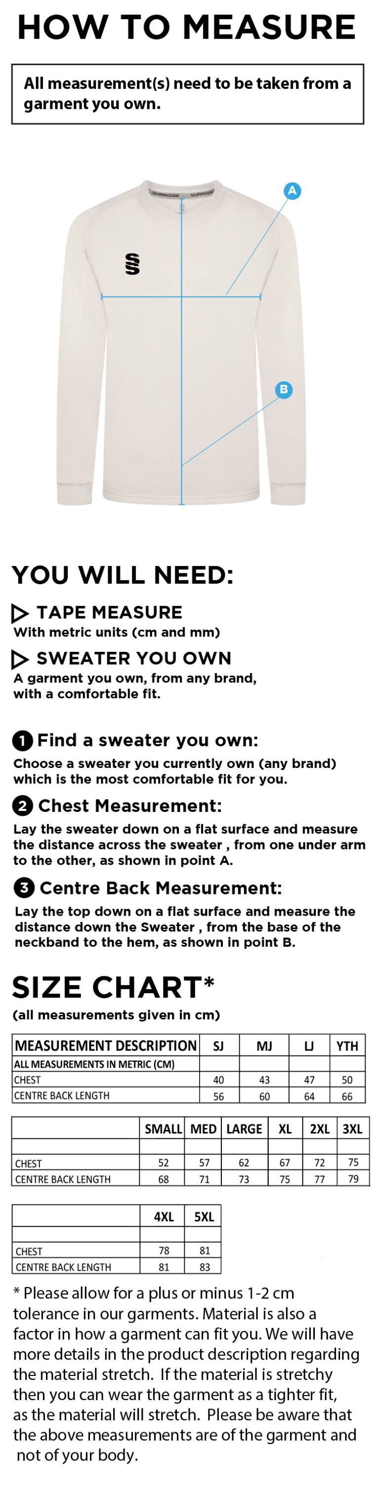 Central Essex CC - White Long Sleeved Sweater - Size Guide