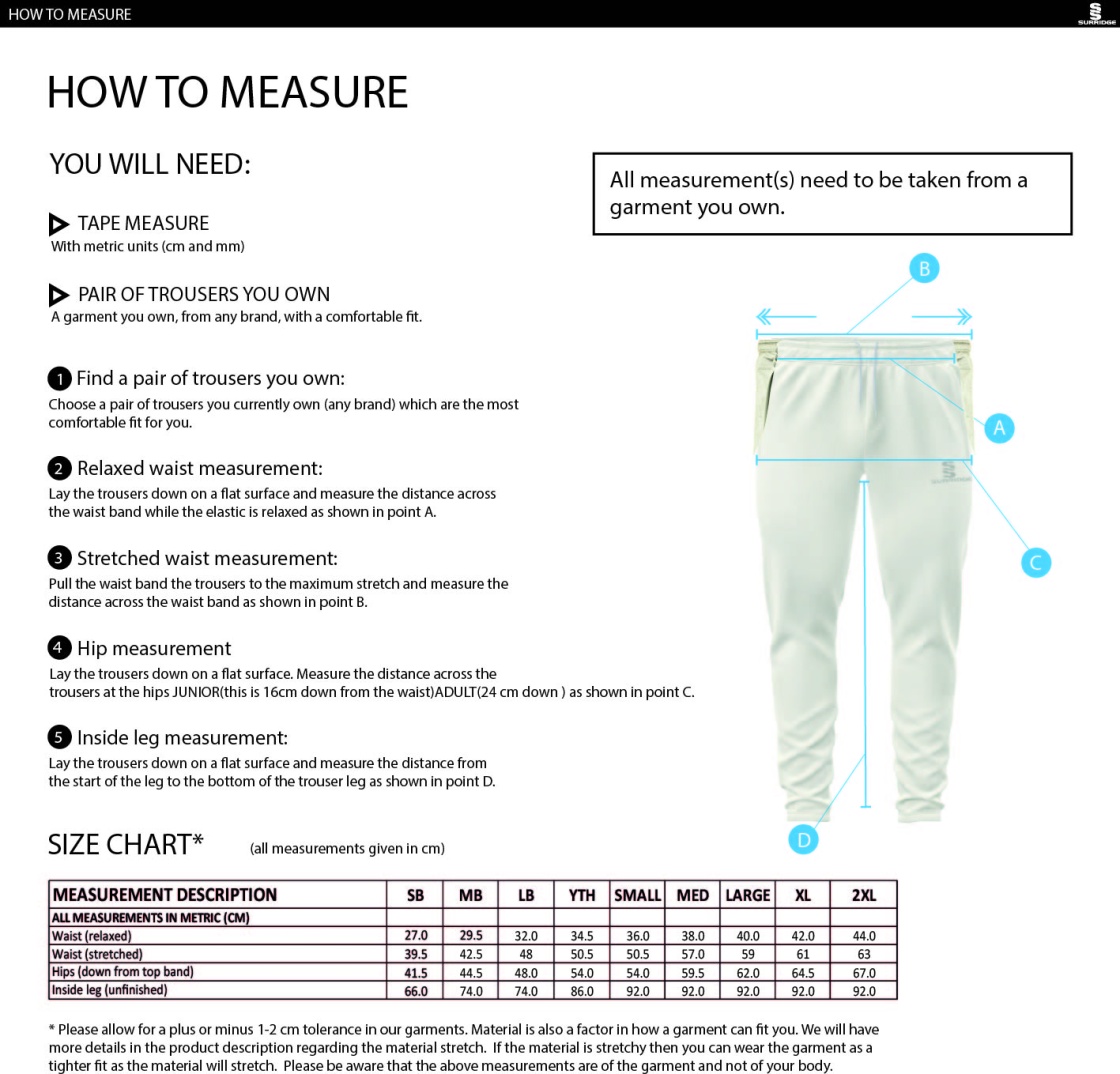 Central Essex - Ergo White Playing Pant - Size Guide