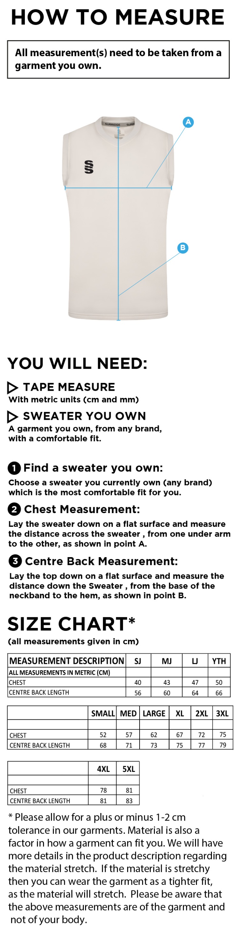 Central Essex CC - T20 Royal Coloured Sleeveless Sweater - Size Guide