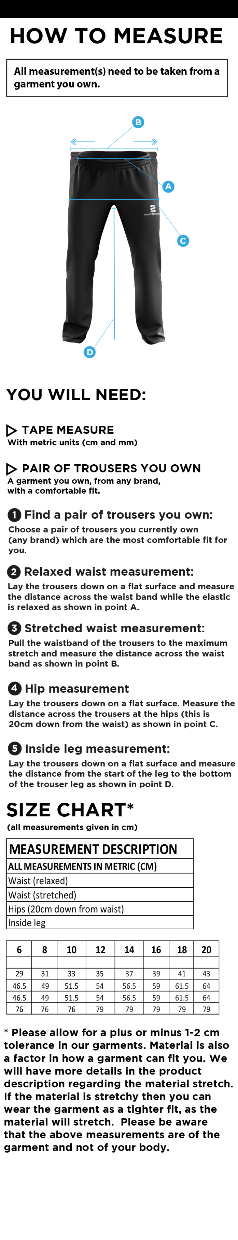 Central Essex - Dual Poplin Track Pant - Women's Fit - Size Guide